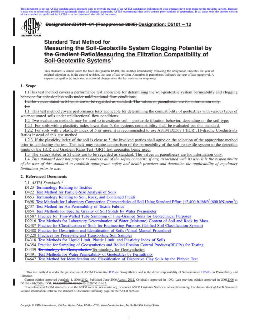 REDLINE ASTM D5101-12 - Standard Test Method for Measuring the Filtration Compatibility of Soil-Geotextile Systems