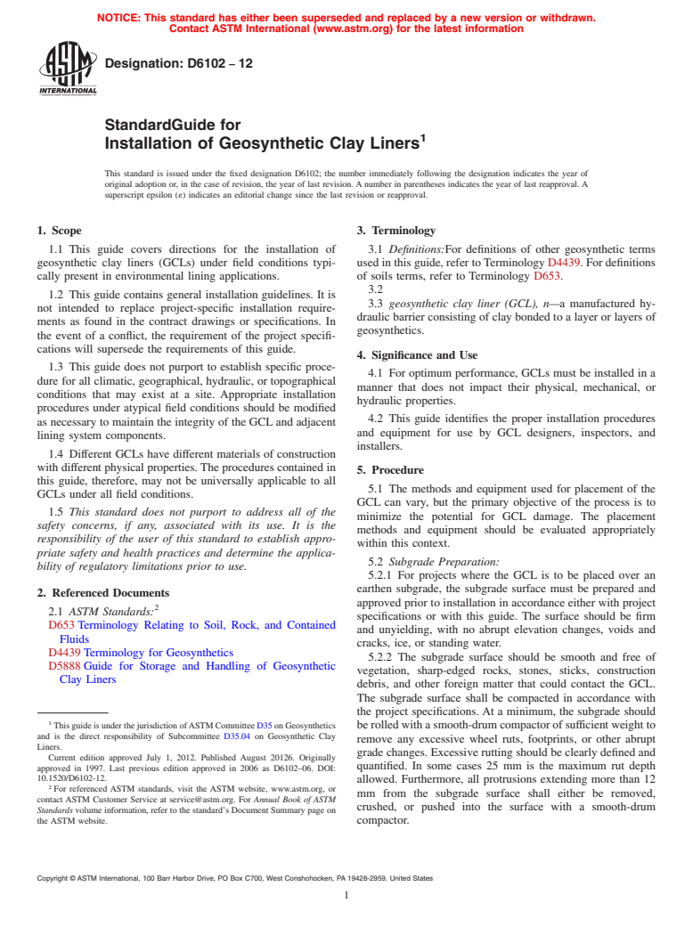 ASTM D6102-12 - Standard Guide for Installation of Geosynthetic Clay Liners