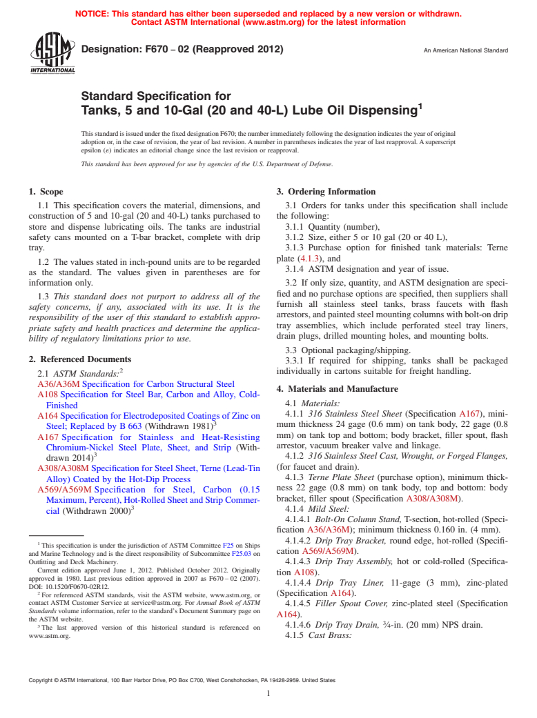 ASTM F670-02(2012) - Standard Specification for  Tanks, 5 and 10-Gal (20 and 40-L) Lube Oil Dispensing