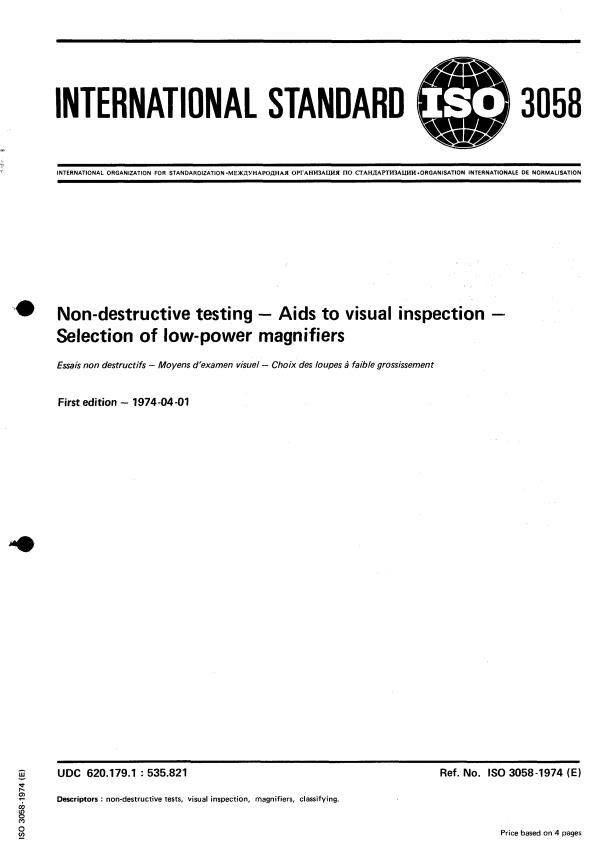ISO 3058:1974 - Non-destructive testing -- Aids to visual inspection -- Selection of low-power magnifiers