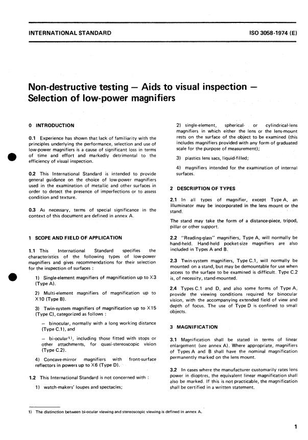 ISO 3058:1974 - Non-destructive testing -- Aids to visual inspection -- Selection of low-power magnifiers