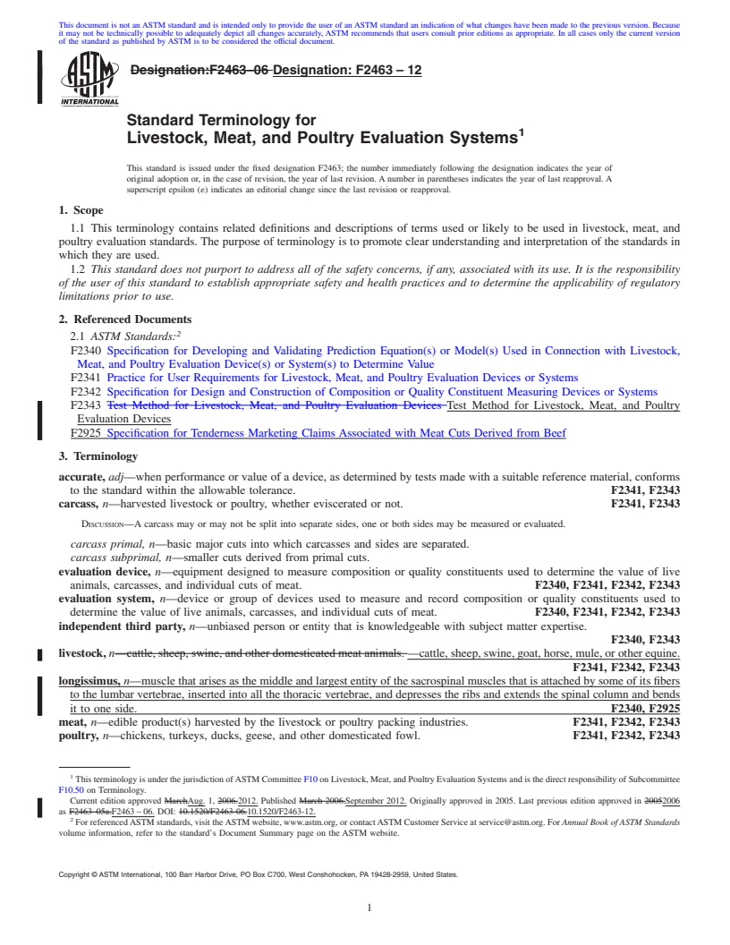 REDLINE ASTM F2463-12 - Standard Terminology for Livestock, Meat, and Poultry Evaluation Systems