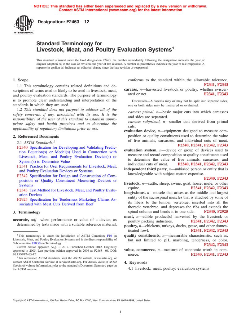 ASTM F2463-12 - Standard Terminology for Livestock, Meat, and Poultry Evaluation Systems