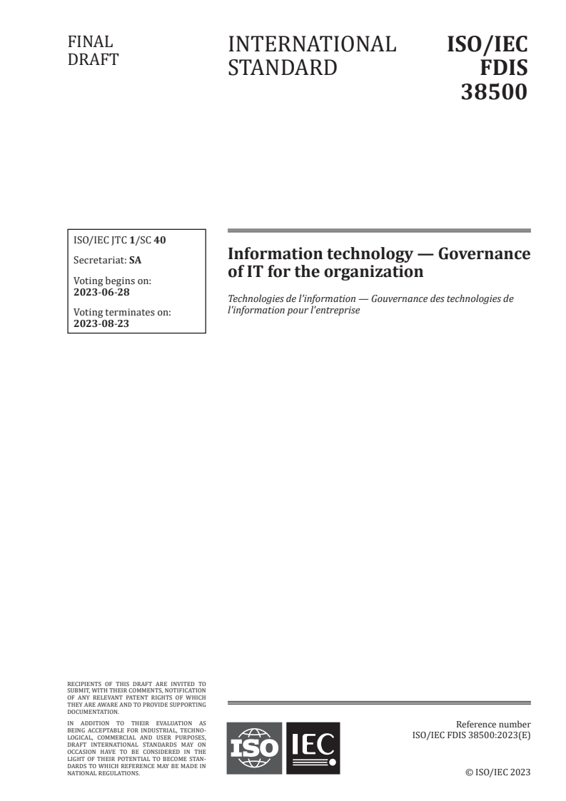 ISO/IEC 38500 - Information technology — Governance of IT for the organization
Released:14. 06. 2023
