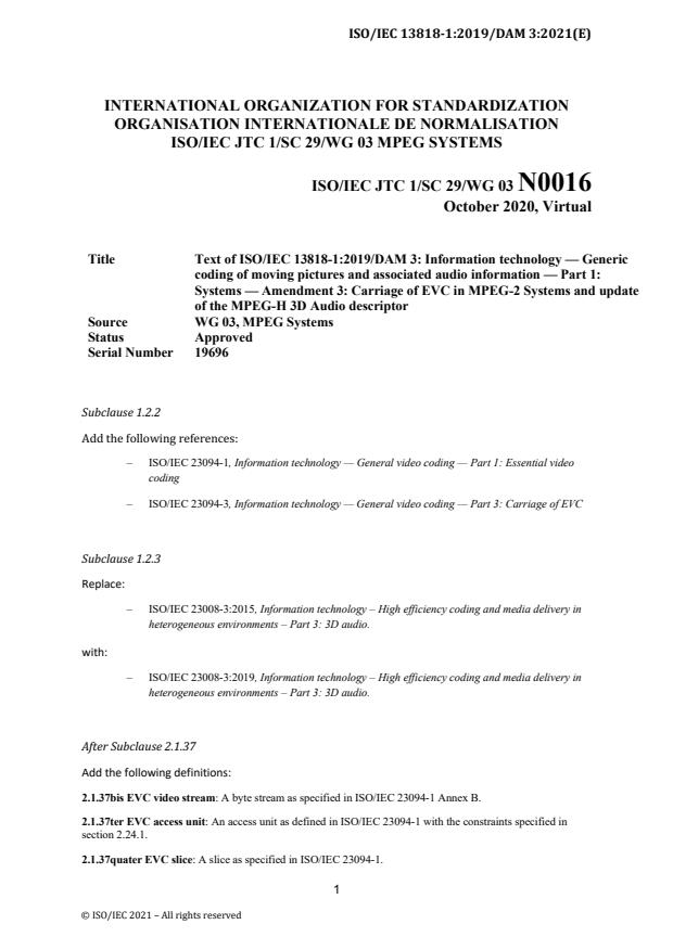 ISO/IEC 13818-1:2019/DAmd 3 - Carriage of EVC in MPEG-2 Systems and ...