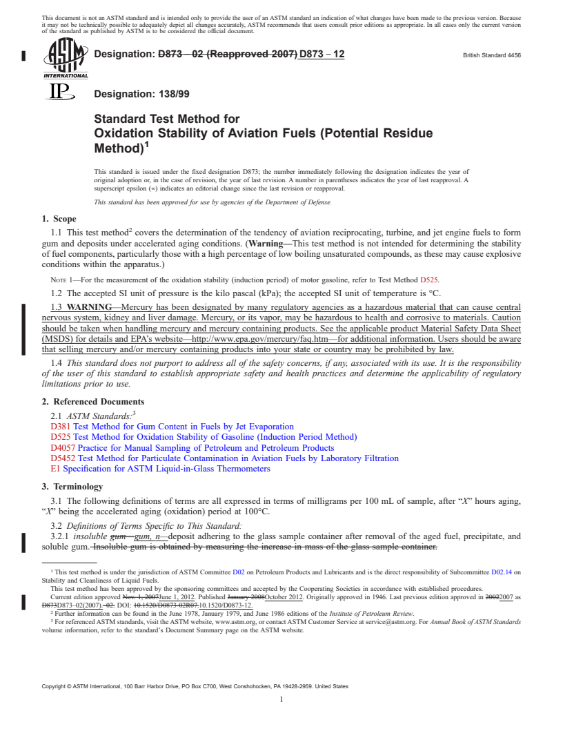 REDLINE ASTM D873-12 - Standard Test Method for Oxidation Stability of Aviation Fuels (Potential Residue Method)