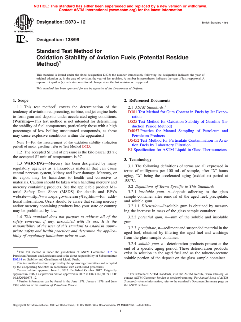 ASTM D873-12 - Standard Test Method for Oxidation Stability of Aviation Fuels (Potential Residue Method)