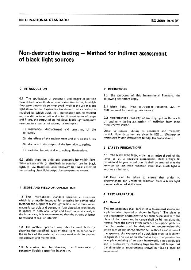 ISO 3059:1974 - Non-destructive testing -- Method for indirect assessment of black light sources