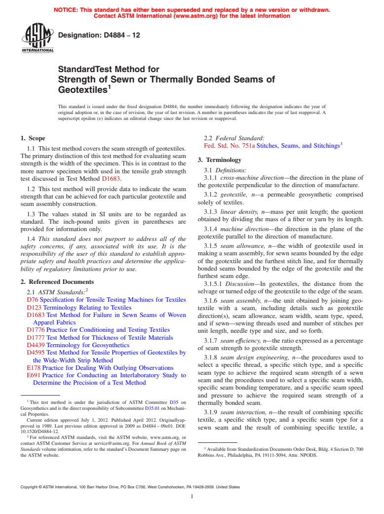 ASTM D4884-12 - Standard Test Method for  Strength of Sewn or Thermally Bonded Seams of Geotextiles