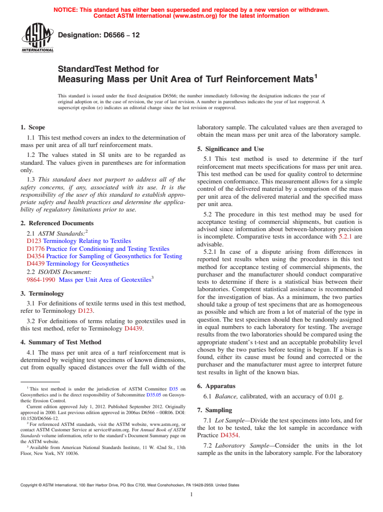 ASTM D6566-12 - Standard Test Method for  Measuring Mass per Unit Area of Turf Reinforcement Mats