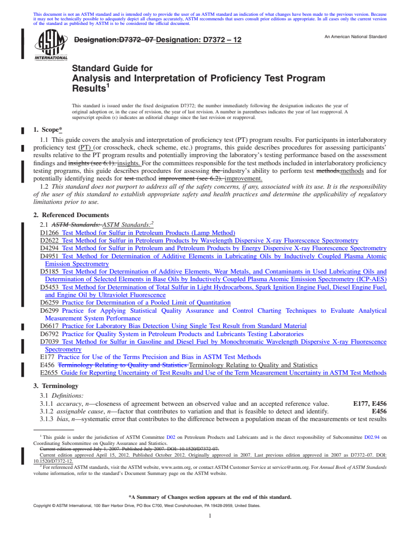 REDLINE ASTM D7372-12 - Standard Guide for Analysis and Interpretation of Proficiency Test Program Results