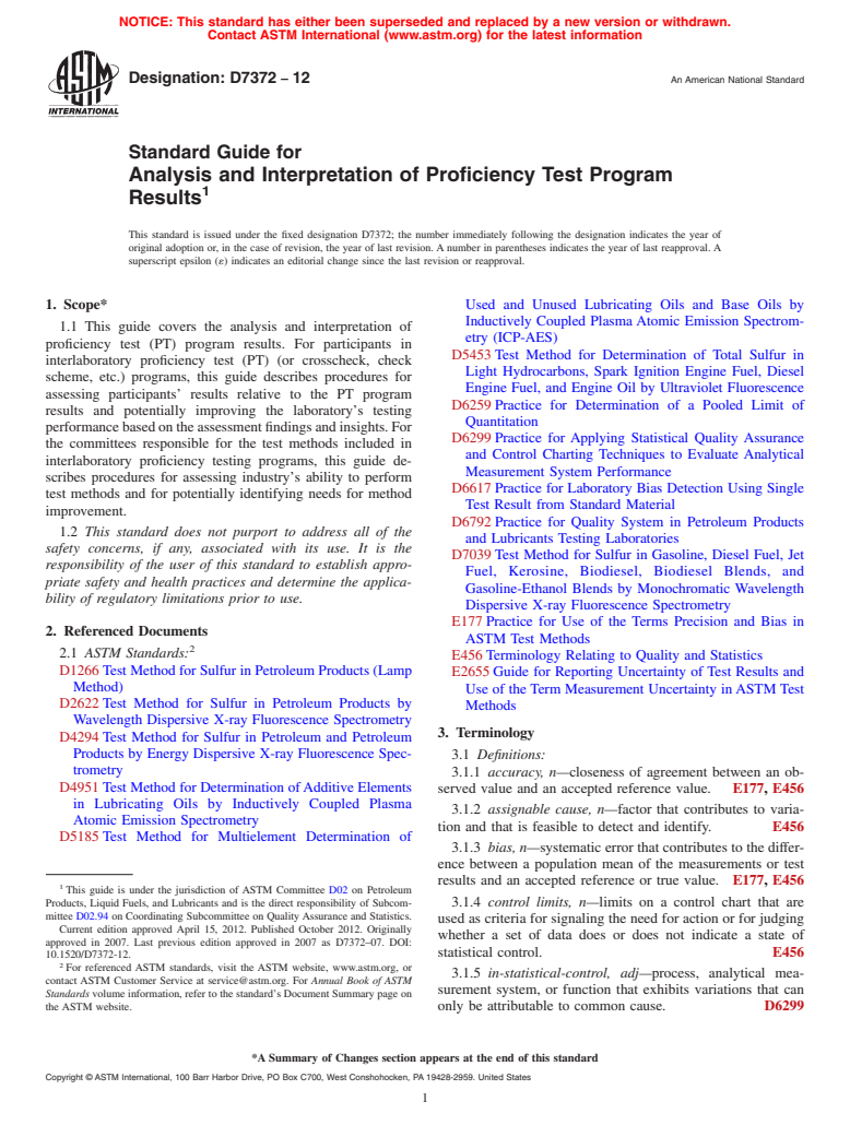 ASTM D7372-12 - Standard Guide for Analysis and Interpretation of Proficiency Test Program Results