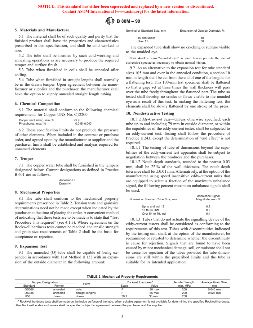 ASTM B88M-99 - Standard Specification for Seamless Copper Water Tube [Metric]