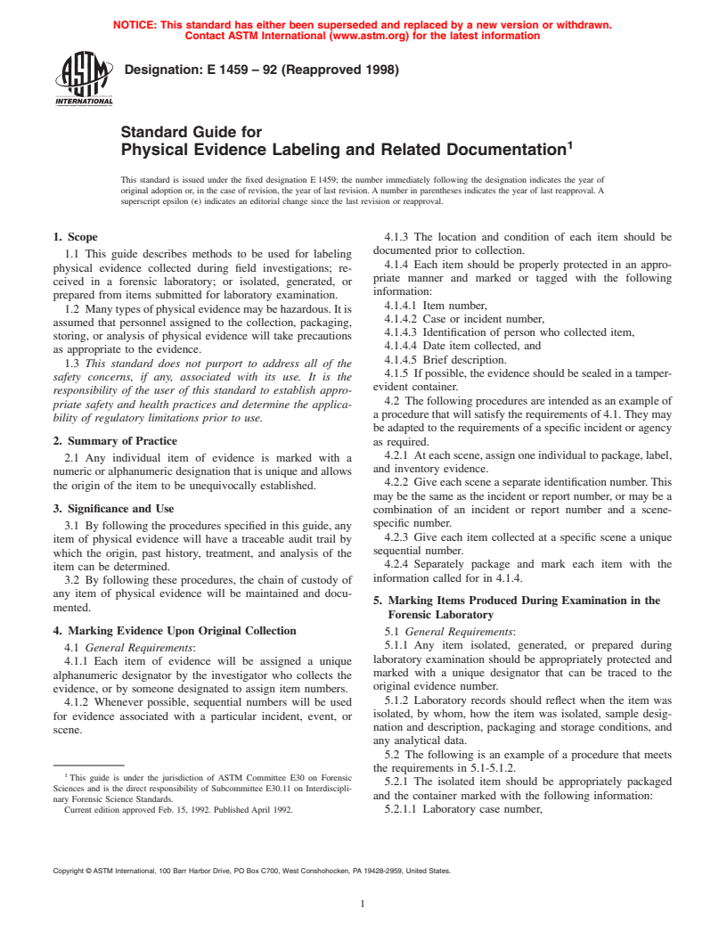 ASTM E1459-92(1998) - Standard Guide for Physical Evidence Labeling and Related Documentation