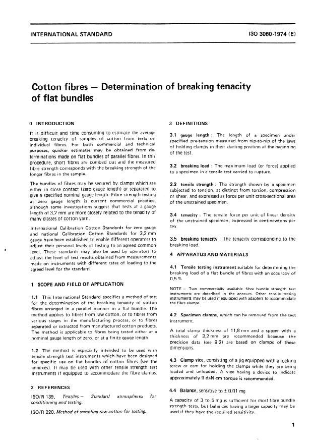 ISO 3060:1974 - Textiles -- Cotton fibres -- Determination of breaking tenacity of flat bundles