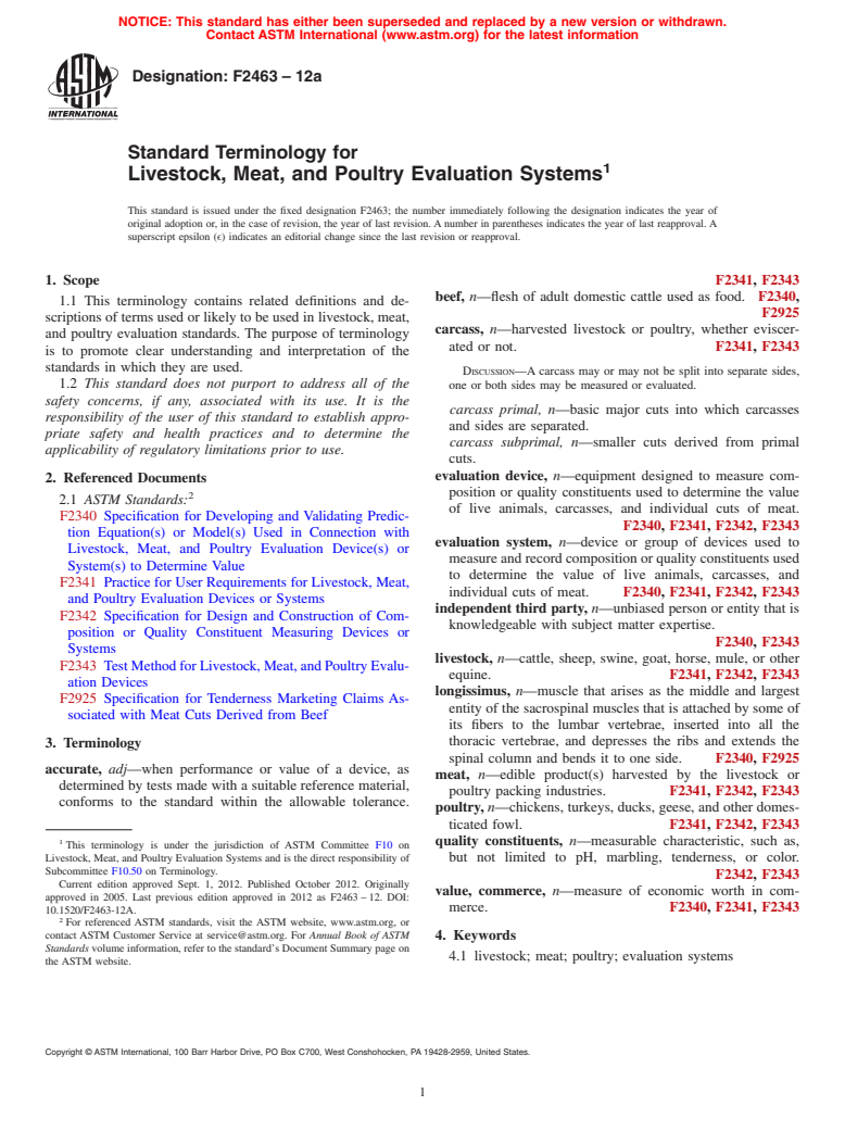 ASTM F2463-12a - Standard Terminology for Livestock, Meat, and Poultry Evaluation Systems