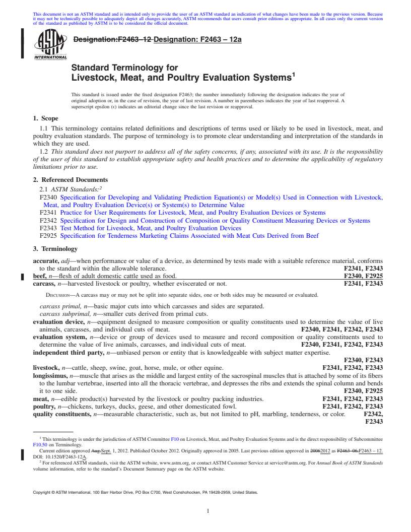 REDLINE ASTM F2463-12a - Standard Terminology for Livestock, Meat, and Poultry Evaluation Systems