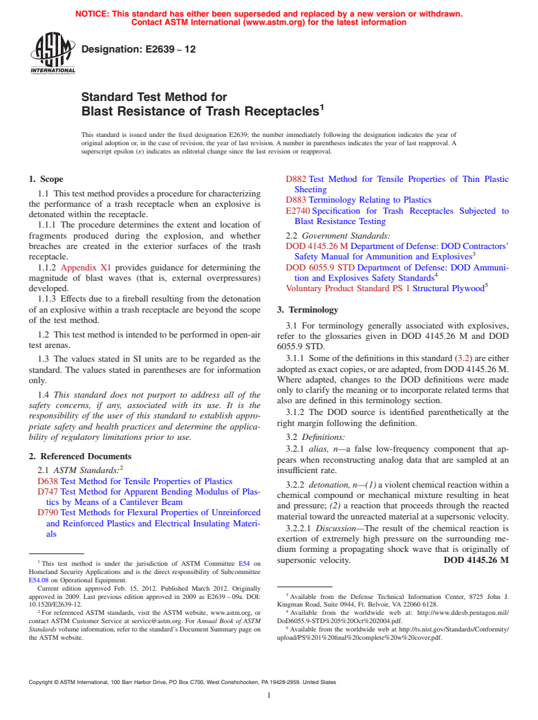 ASTM E2639-12 - Standard Test Method for  Blast Resistance of Trash Receptacles