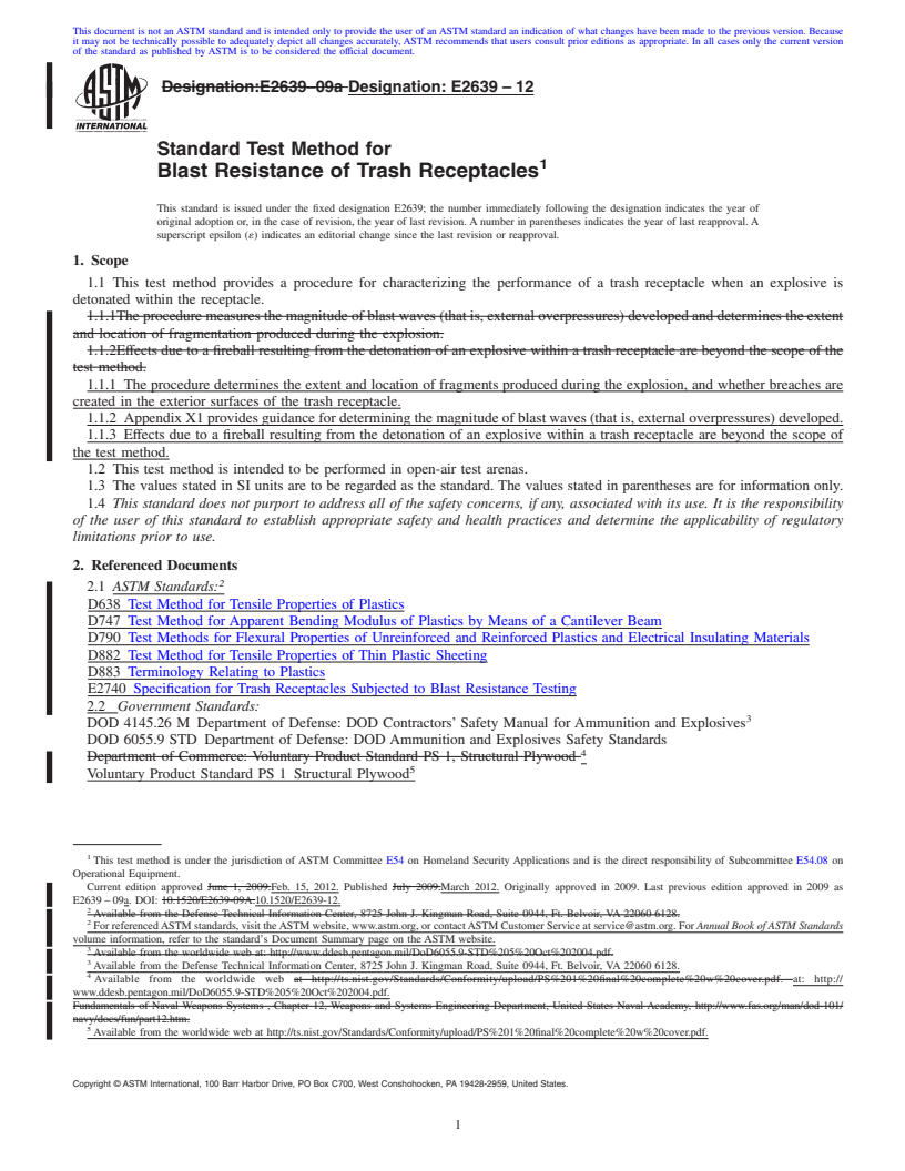 REDLINE ASTM E2639-12 - Standard Test Method for  Blast Resistance of Trash Receptacles