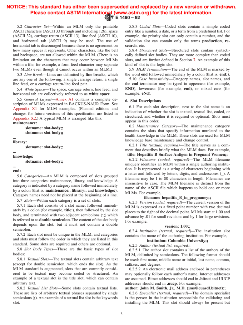 ASTM E1460-92 - Specification for Defining and Sharing Modular Health Knowledge Bases Arden Syntax for Medical Logic Modules (Withdrawn 1999)