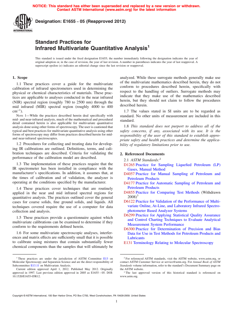 ASTM E1655-05(2012) - Standard Practices for  Infrared Multivariate Quantitative Analysis