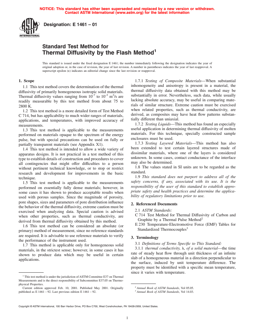 ASTM E1461-01 - Standard Test Method for Thermal Diffusivity of Solids by the Flash Method