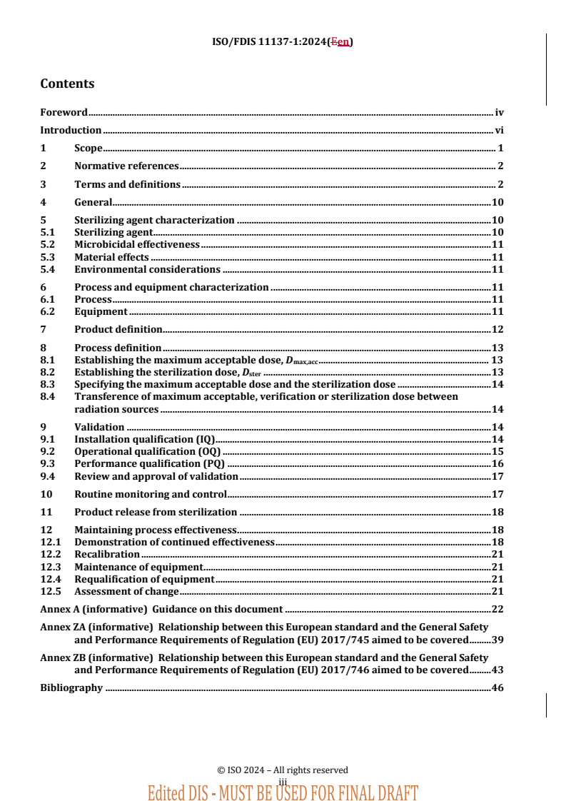 REDLINE ISO/FDIS 11137-1 - Sterilization of health care products — Radiation — Part 1: Requirements for the development, validation and routine control of a sterilization process for medical devices
Released:12/10/2024