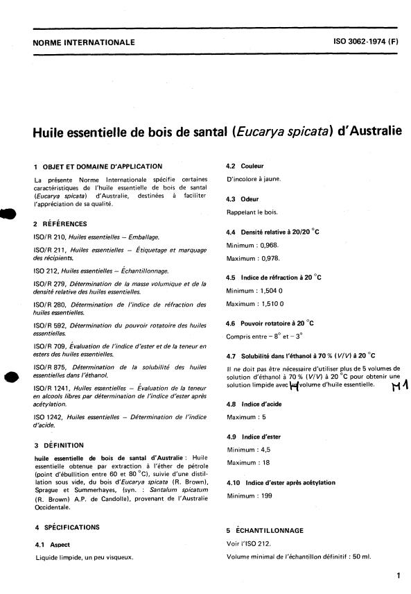 ISO 3062:1974 - Huile essentielle de bois de santal (Eucarya spicata) d'Australie