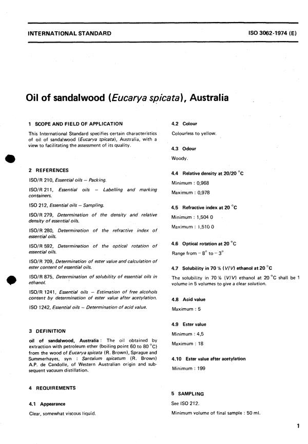 ISO 3062:1974 - Oil of sandalwood (Eucarya spicata), Australia