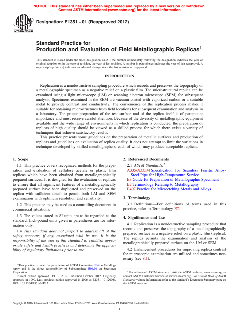 ASTM E1351-01(2012) - Standard Practice for  Production and Evaluation of Field Metallographic Replicas