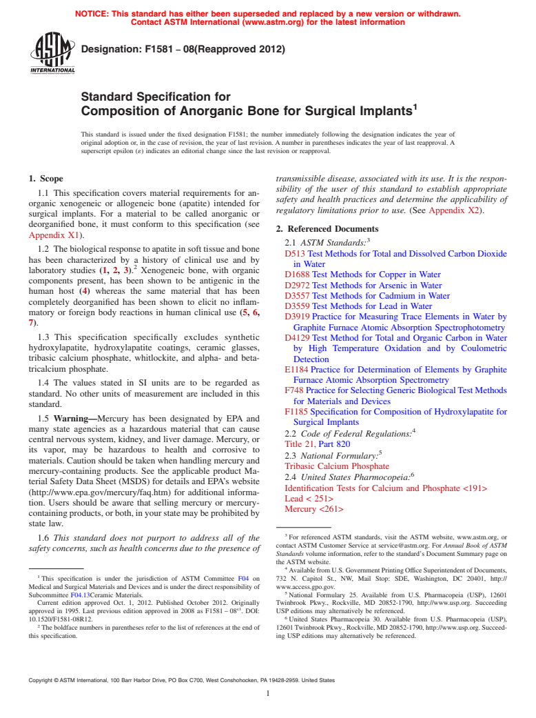 ASTM F1581-08(2012) - Standard Specification for Composition of Anorganic Bone for Surgical Implants