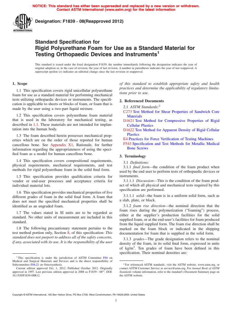 ASTM F1839-08(2012) - Standard Specification for  Rigid Polyurethane Foam for Use as a Standard Material for  Testing Orthopaedic Devices and Instruments