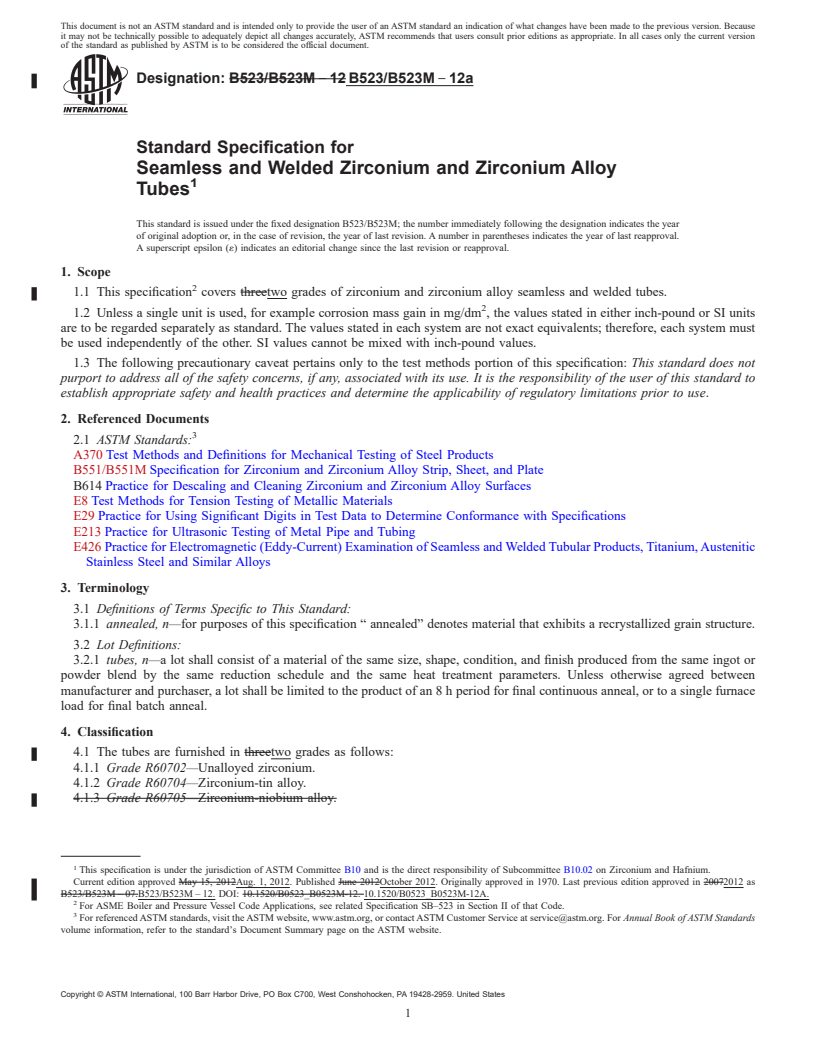 REDLINE ASTM B523/B523M-12a - Standard Specification for Seamless and Welded Zirconium and Zirconium Alloy Tubes
