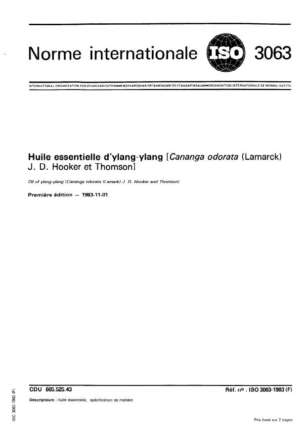 ISO 3063:1983 - Huile essentielle d'ylang-ylang (Cananga odorata (Lamark) J.D. Hooker et Thomson)