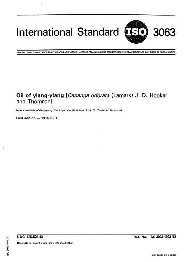ISO 3063:1983 - Oil of ylang-ylang (Cananga odorata (Lamark) J.D. Hooker and Thomson))