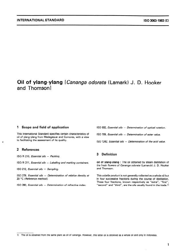 ISO 3063:1983 - Oil of ylang-ylang (Cananga odorata (Lamark) J.D. Hooker and Thomson))