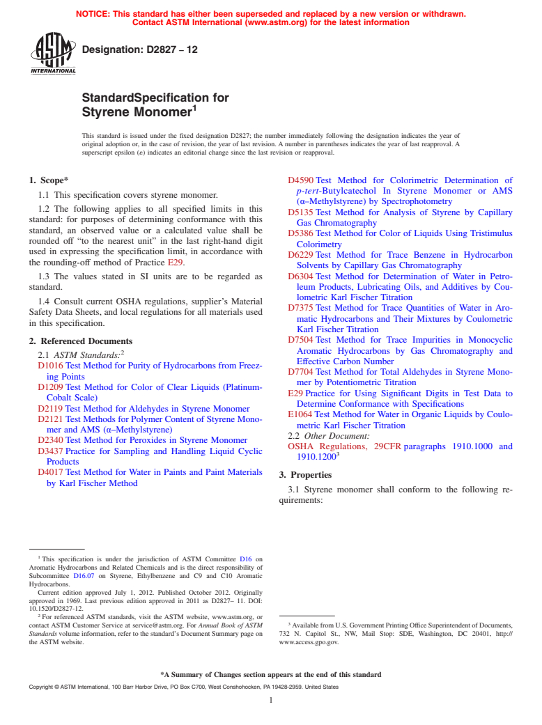 ASTM D2827-12 - Standard Specification for Styrene Monomer