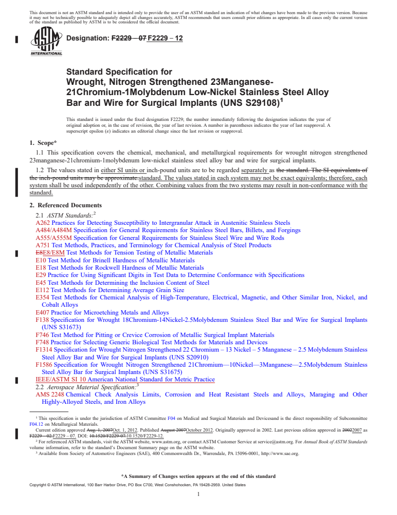 REDLINE ASTM F2229-12 - Standard Specification for  Wrought, Nitrogen Strengthened 23Manganese-21Chromium-1Molybdenum  Low-Nickel Stainless Steel Alloy Bar and Wire for Surgical Implants  (UNS S29108)