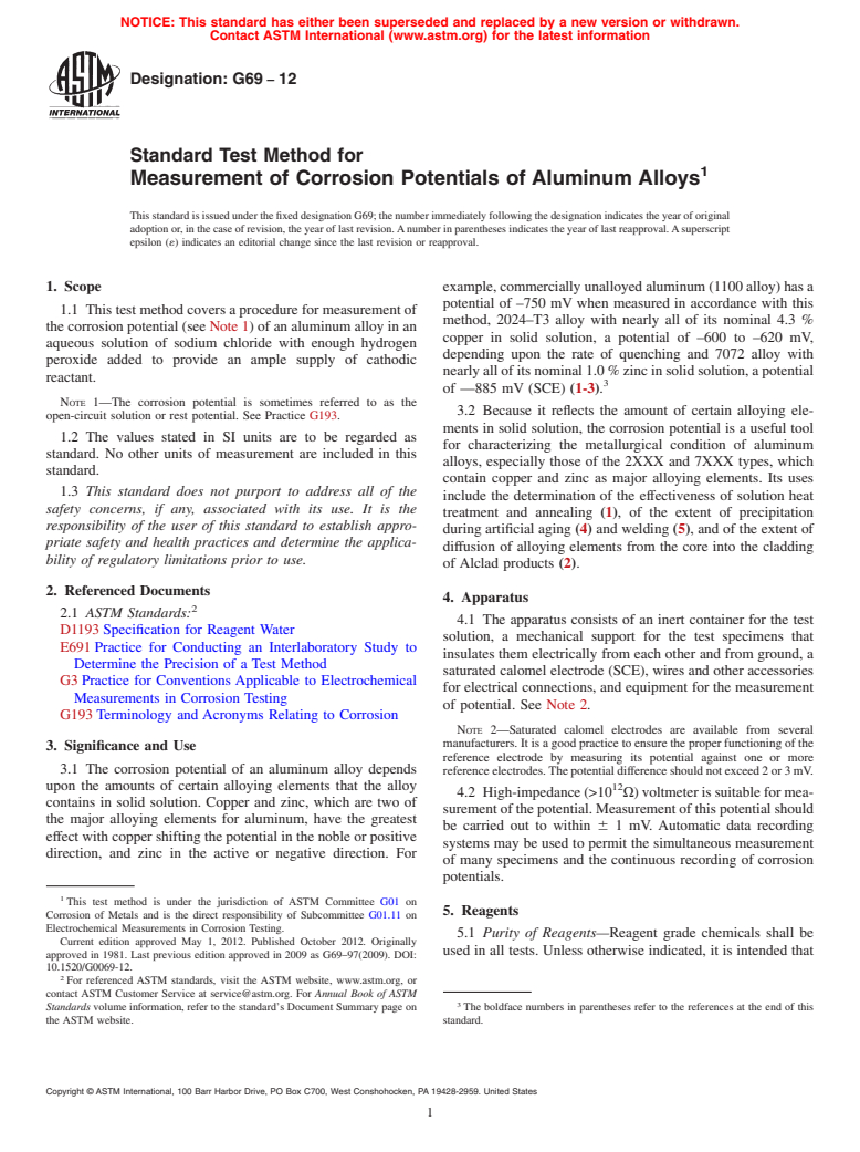 ASTM G69-12 - Standard Test Method for Measurement of Corrosion Potentials of Aluminum Alloys