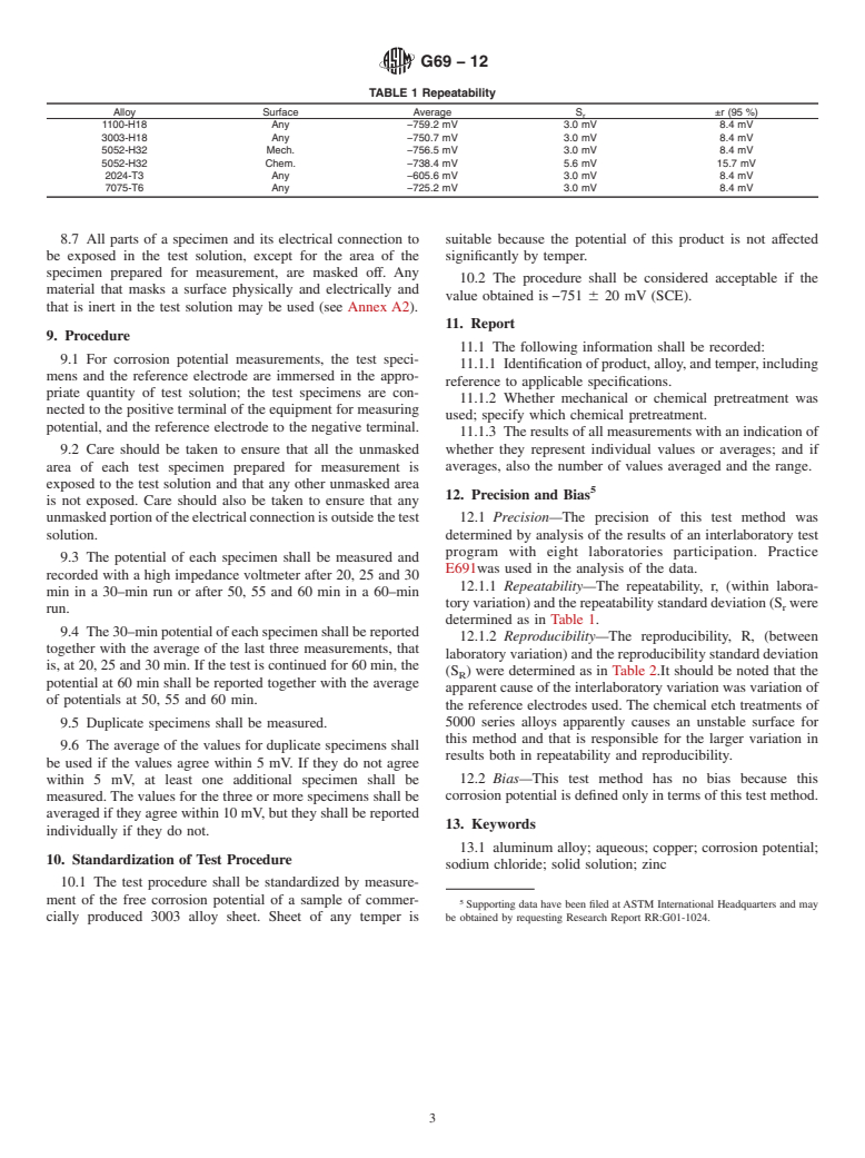 ASTM G69-12 - Standard Test Method for Measurement of Corrosion Potentials of Aluminum Alloys