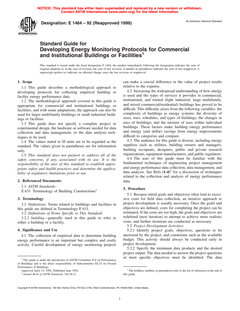 ASTM E1464-92(1999) - Standard Guide for Developing Energy Monitoring Protocols for Commercial and Institutional Buildings or Facilities