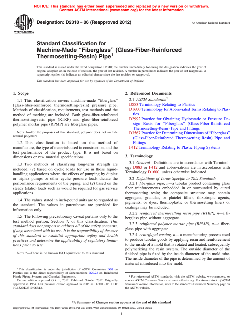 ASTM D2310-06(2012) - Standard Classification for Machine-Made &#x201c;Fiberglass&#x201d; (Glass-Fiber-Reinforced Thermosetting-Resin) Pipe (Withdrawn 2017)