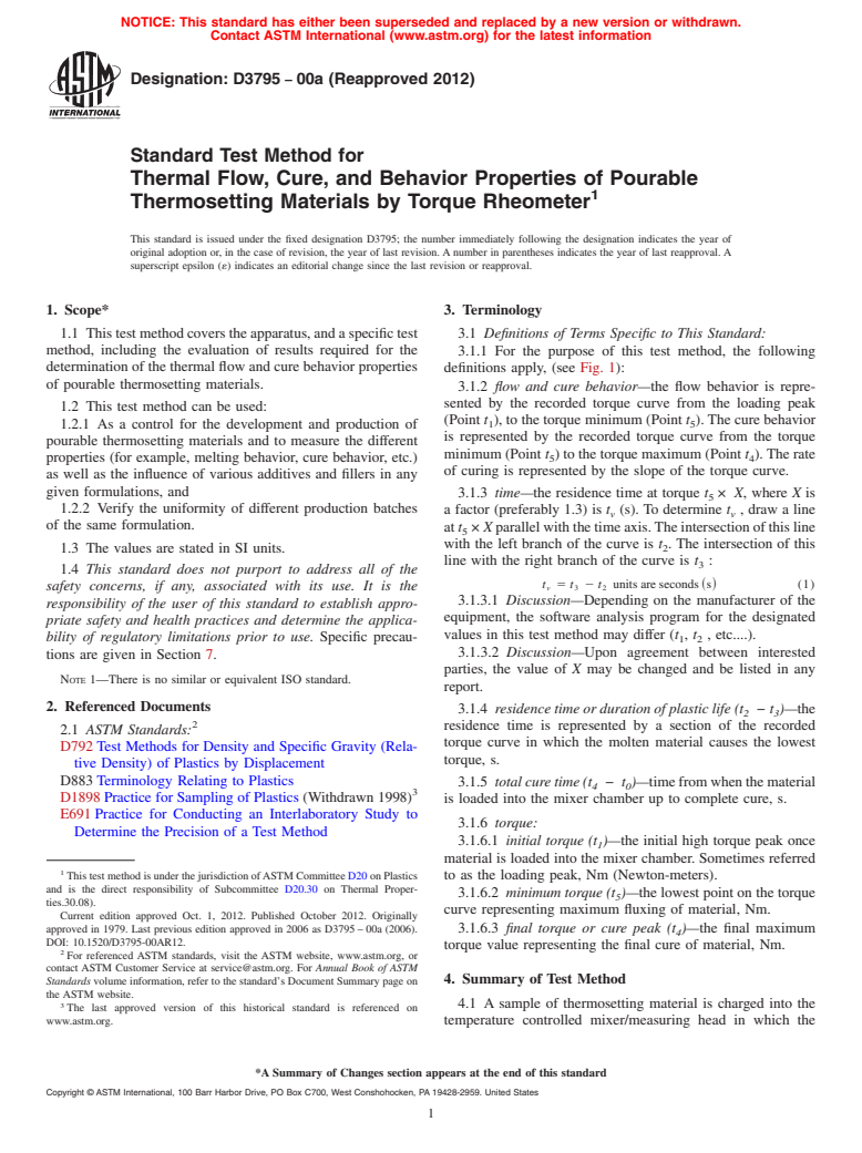 ASTM D3795-00a(2012) - Standard Test Method for  Thermal Flow, Cure, and Behavior Properties of Pourable Thermosetting  Materials by Torque Rheometer