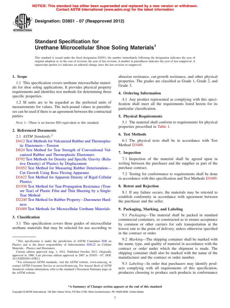 ASTM D3851-07(2012) - Standard Specification for Urethane Microcellular Shoe Soling Materials