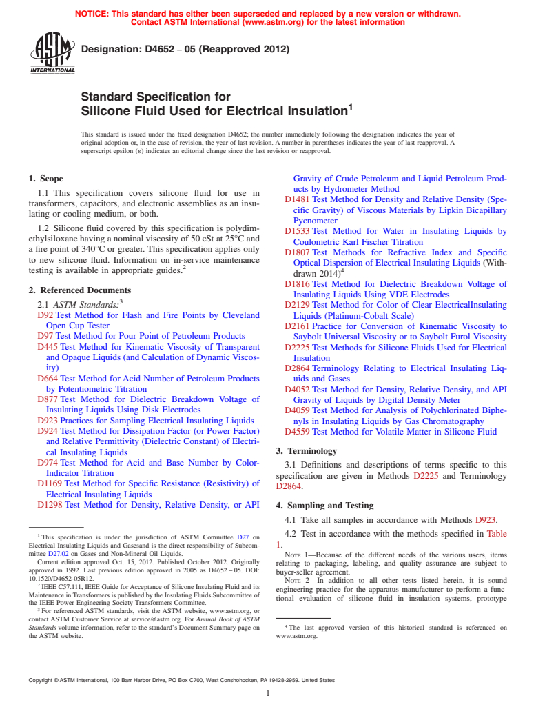 ASTM D4652-05(2012) - Standard Specification for Silicone Fluid Used for Electrical Insulation