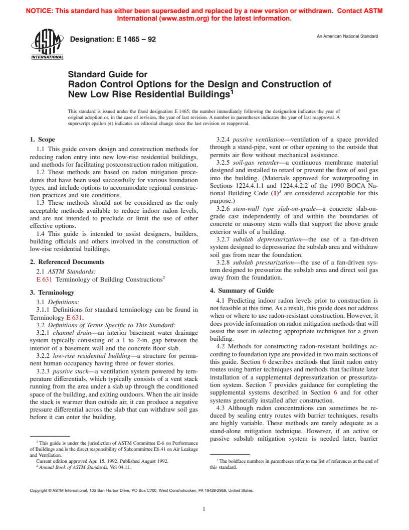 ASTM E1465-92 - Guide for Radon Control Options for the Design and Construction of New Low Rise Residential Buildings (Withdrawn 2001)