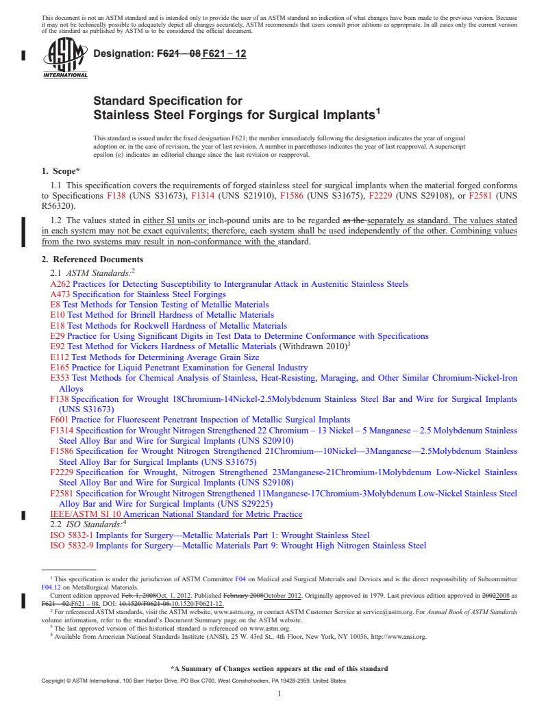 REDLINE ASTM F621-12 - Standard Specification for Stainless Steel Forgings for Surgical Implants