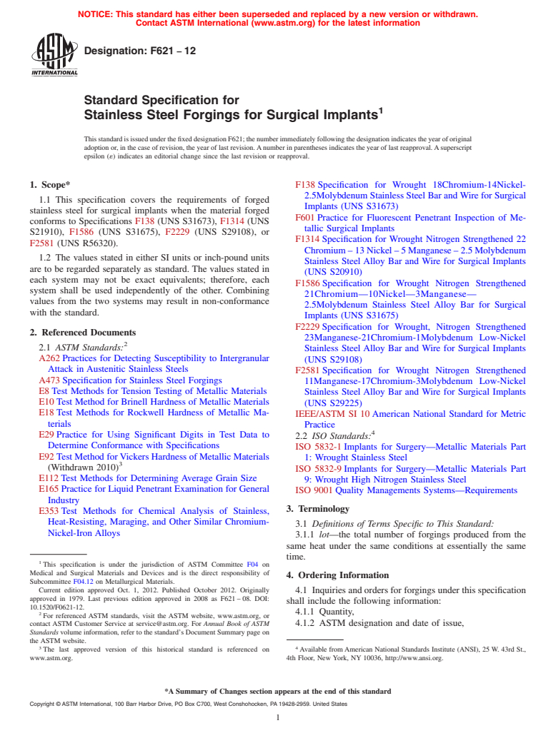 ASTM F621-12 - Standard Specification for Stainless Steel Forgings for Surgical Implants