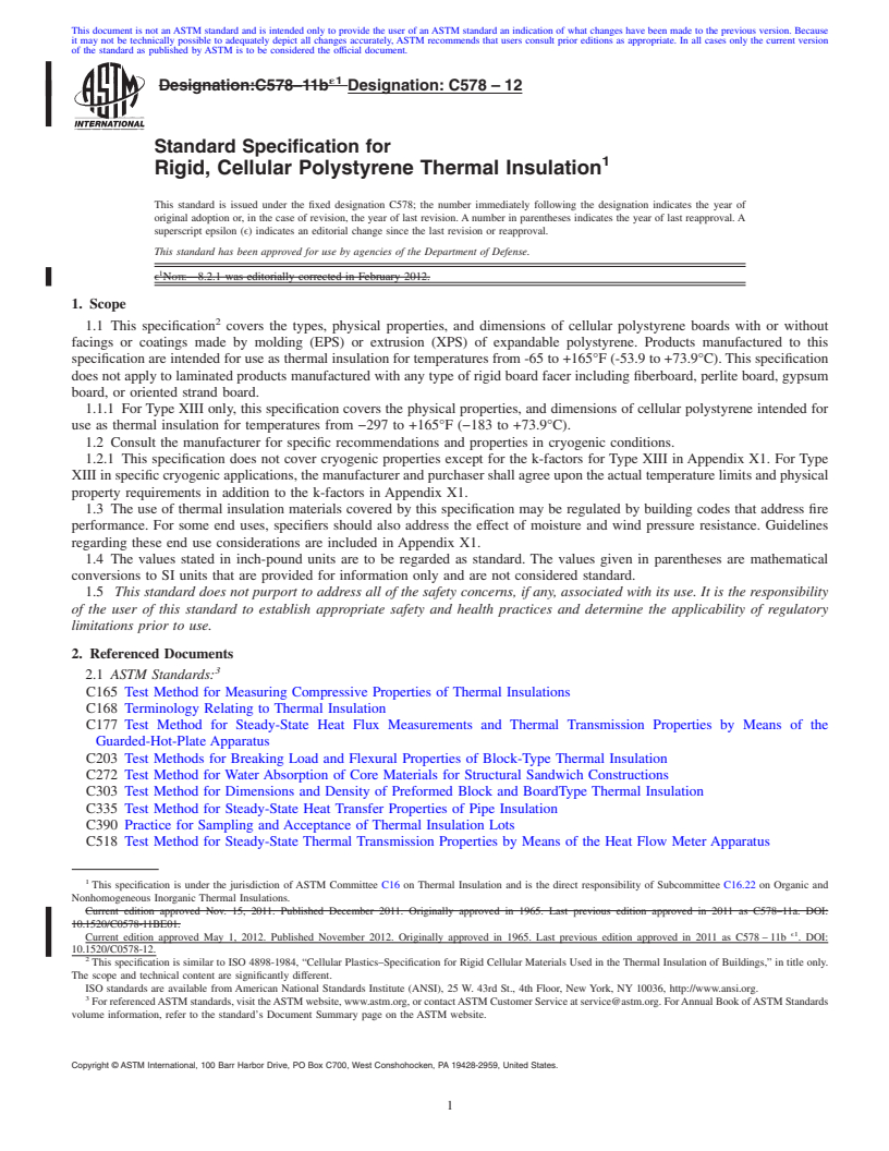 REDLINE ASTM C578-12 - Standard Specification for  Rigid, Cellular Polystyrene Thermal Insulation