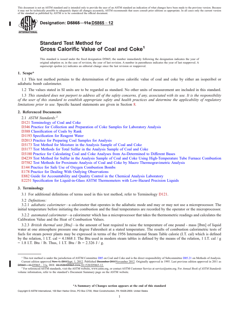 REDLINE ASTM D5865-12 - Standard Test Method for  Gross Calorific Value of Coal and Coke